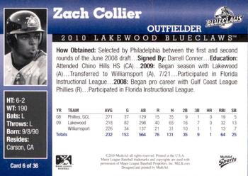 2010 MultiAd Lakewood BlueClaws #6 Zach Collier Back