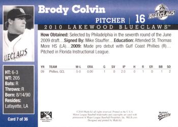 2010 MultiAd Lakewood BlueClaws #7 Brody Colvin Back