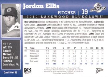 2010 MultiAd Lakewood BlueClaws #10 Jordan Ellis Back