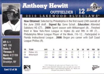 2010 MultiAd Lakewood BlueClaws #12 Anthony Hewitt Back