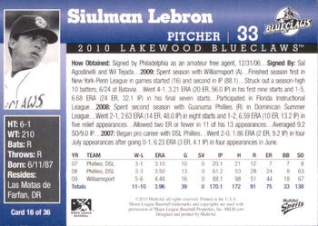 2010 MultiAd Lakewood BlueClaws #16 Siulman Lebron Back