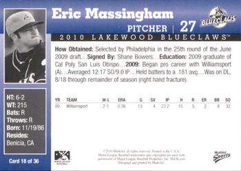 2010 MultiAd Lakewood BlueClaws #18 Eric Massingham Back