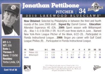 2010 MultiAd Lakewood BlueClaws #19 Jonathan Pettibone Back