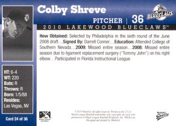 2010 MultiAd Lakewood BlueClaws #24 Colby Shreve Back