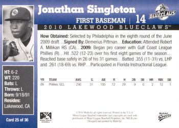 2010 MultiAd Lakewood BlueClaws #25 Jonathan Singleton Back
