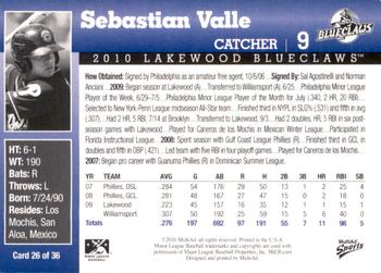 2010 MultiAd Lakewood BlueClaws #26 Sebastian Valle Back