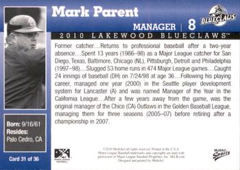 2010 MultiAd Lakewood BlueClaws #31 Mark Parent Back