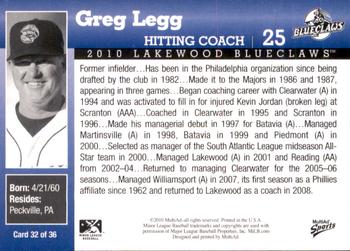 2010 MultiAd Lakewood BlueClaws #32 Greg Legg Back