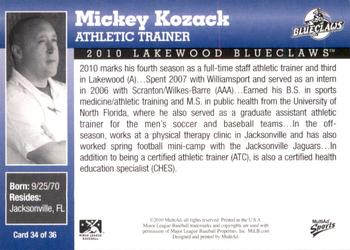 2010 MultiAd Lakewood BlueClaws #34 Mickey Kozack Back