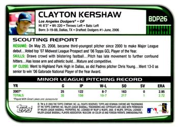 2008 Bowman Draft Picks & Prospects - Chrome Refractors #BDP26a Clayton Kershaw Back