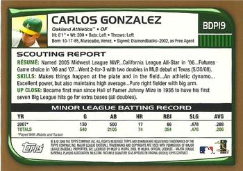 2008 Bowman Draft Picks & Prospects - Gold #BDP19 Carlos Gonzalez  Back
