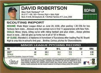 2008 Bowman Draft Picks & Prospects - Gold #BDP48 David Robertson  Back