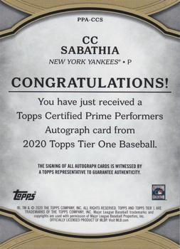 2020 Topps Tier One - Prime Performers Autographs #PPA-CCS CC Sabathia Back