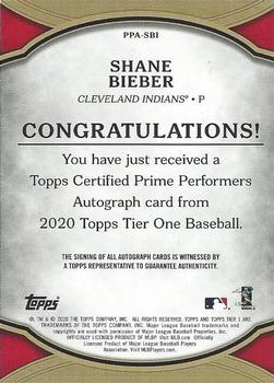 2020 Topps Tier One - Prime Performers Autographs Silver Ink #PPA-SBI Shane Bieber Back