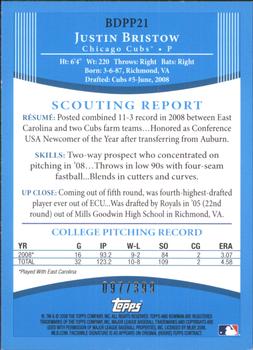 2008 Bowman Draft Picks & Prospects - Prospects Blue #BDPP21 Justin Bristow Back