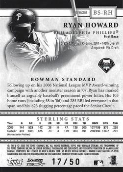 2008 Bowman Sterling - Gold Refractors #BS-RH Ryan Howard Back
