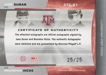 2008 Donruss Elite Extra Edition - College Ties Autographs #CTC-21 Jose Duran / Brandon Hicks Back