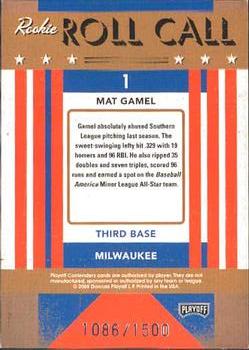 2008 Playoff Contenders - Rookie Roll Call #1 Mat Gamel Back