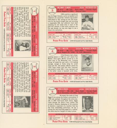 1990 SCD Baseball Card Price Guide Monthly - Panels #1-5 Darryl Strawberry / Wade Boggs / Roger Clemens / Paul Molitor / Craig Biggio Back