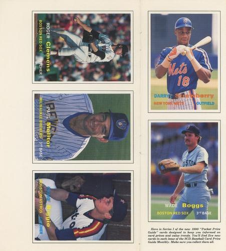1990 SCD Baseball Card Price Guide Monthly - Panels #1-5 Darryl Strawberry / Wade Boggs / Roger Clemens / Paul Molitor / Craig Biggio Front