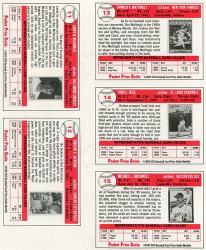 1990 SCD Baseball Card Price Guide Monthly - Panels #11-15 Ben McDonald / Bo Jackson / Don Mattingly / Todd Zeile / Mike Greenwell Back