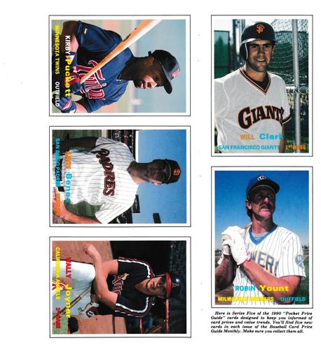 1990 SCD Baseball Card Price Guide Monthly - Panels #21-25 Will Clark / Robin Yount / Kirby Puckett / Andy Benes / Wally Joyner Front