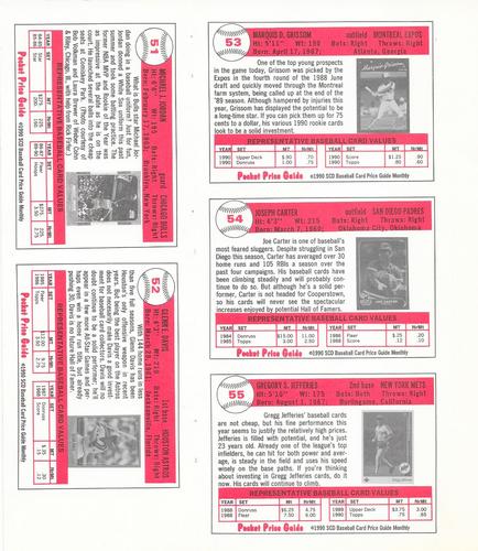 1990 SCD Baseball Card Price Guide Monthly - Panels #51-55 Michael Jordan / Glenn Davis / Marquis Grissom / Joe Carter / Gregg Jefferies Back