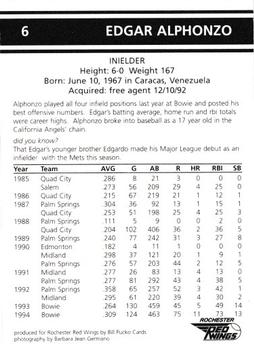 1995 Rochester Red Wings #6 Edgar Alfonzo Back