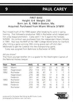 1995 Rochester Red Wings #9 Paul Carey Back