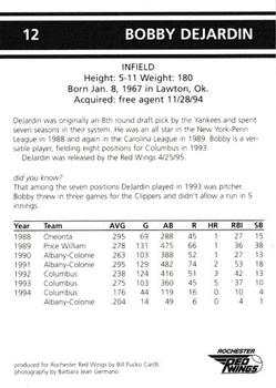 1995 Rochester Red Wings #12 Bobby Dejardin Back