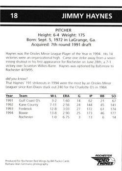 1995 Rochester Red Wings #18 Jimmy Haynes Back