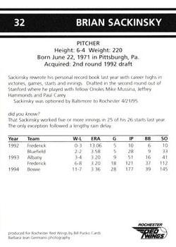 1995 Rochester Red Wings #32 Brian Sackinsky Back