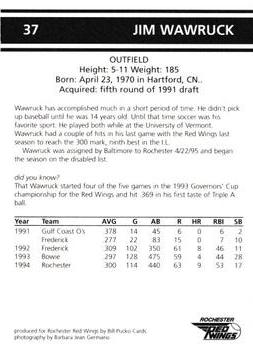 1995 Rochester Red Wings #37 Jim Wawruck Back