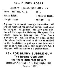 1987 1948 Bowman Reprint #10 Buddy Rosar Back