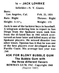 1987 1948 Bowman Reprint #16 Jack Lohrke Back