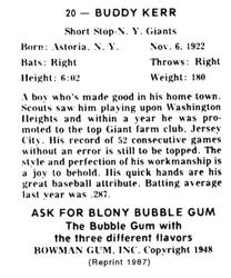 1987 1948 Bowman Reprint #20 Buddy Kerr Back