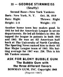 1987 1948 Bowman Reprint #35 Snuffy Stirnweiss Back