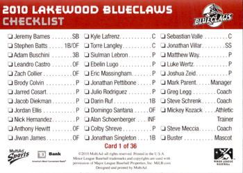2010 MultiAd Lakewood BlueClaws SGA #1 Header Card Back