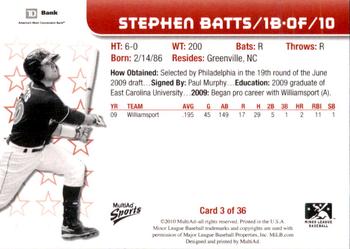 2010 MultiAd Lakewood BlueClaws SGA #3 Stephen Batts Back