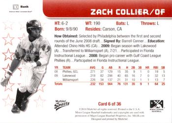 2010 MultiAd Lakewood BlueClaws SGA #6 Zach Collier Back