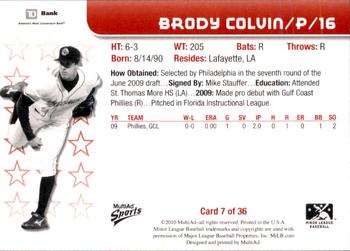 2010 MultiAd Lakewood BlueClaws SGA #7 Brody Colvin Back