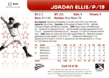 2010 MultiAd Lakewood BlueClaws SGA #10 Jordan Ellis Back
