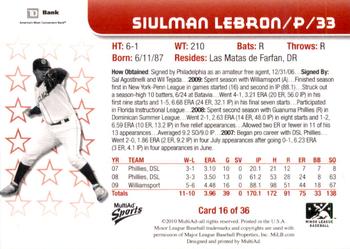2010 MultiAd Lakewood BlueClaws SGA #16 Siulman Lebron Back