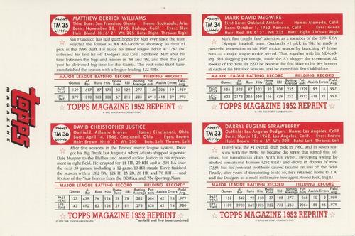 1991 Topps Magazine - Uncut Sheets #TM33-TM36 Darryl Strawberry / Mark McGwire / Dave Justice / Matt Williams Back