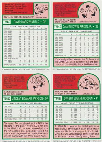 1991 Topps Magazine - Uncut Sheets #TM49-TM52 Cal Ripken, Jr. / Dave Winfield / Dwight Gooden / Bo Jackson Back