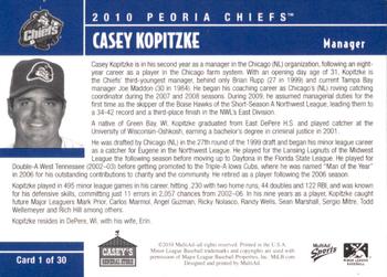 2010 MultiAd Peoria Chiefs SGA #1 Casey Kopitzke Back