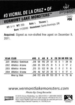 2015 Choice Vermont Lake Monsters #6 Vicmal De La Cruz Back