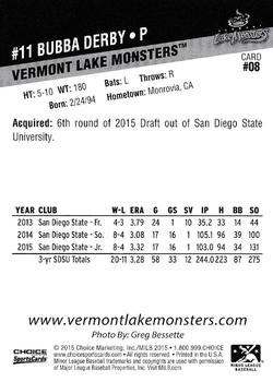 2015 Choice Vermont Lake Monsters #8 Bubba Derby Back