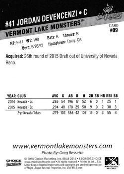 2015 Choice Vermont Lake Monsters #9 Jordan Devencenzi Back