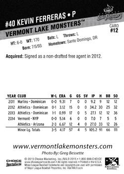 2015 Choice Vermont Lake Monsters #12 Kevin Ferreras Back